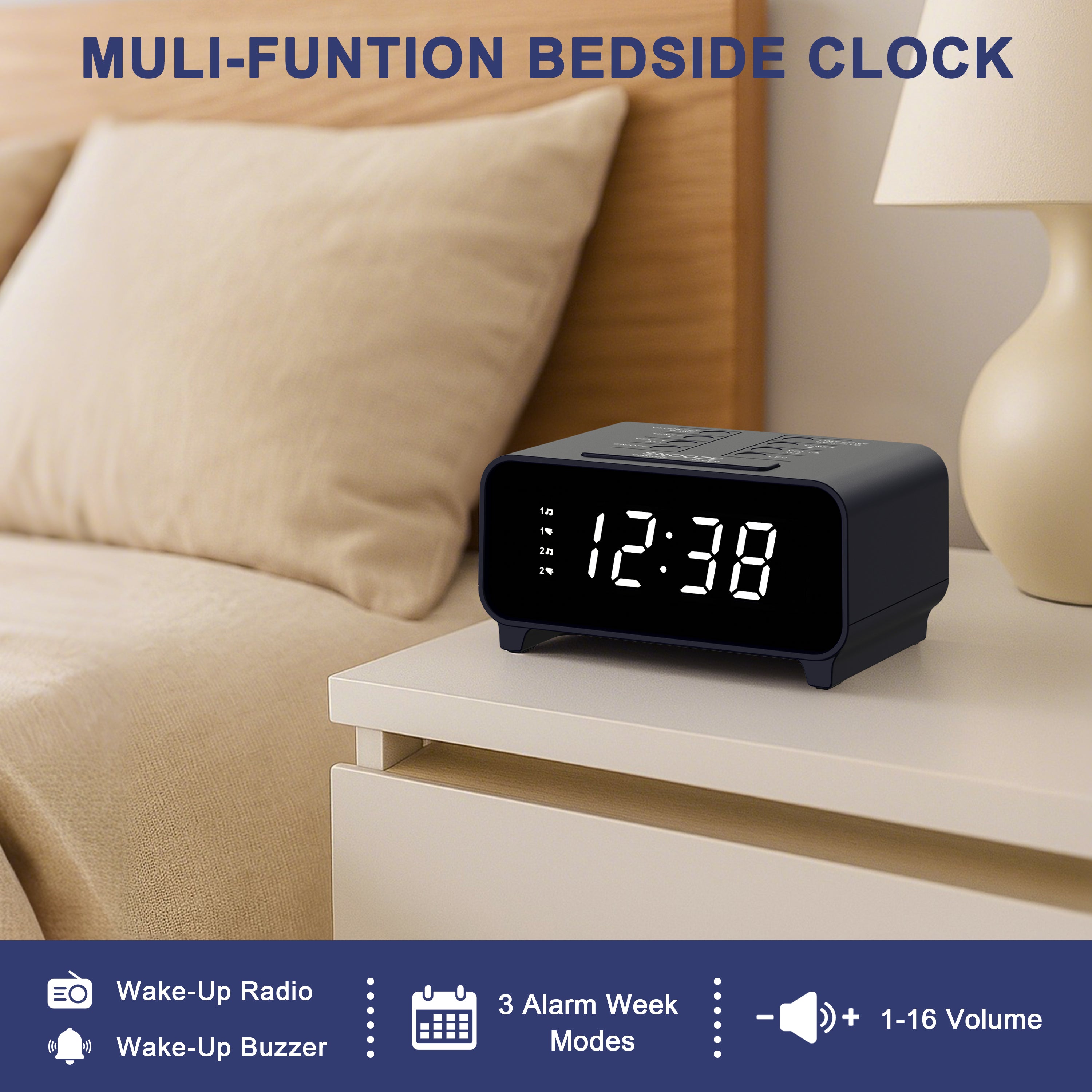 Clock Radio with AM/FM Radio, Dual Alarms, Snooze,  Memory Presets, Dimmer, Sleep Timer, 12/24Hr, Digital Clock with Volume Control, Night Light & White LED Display Alarm Clock for Bedroom iTOMA 213