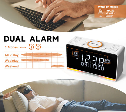 Wecker mit DAB- und UKW-Radio, 40 Voreinstellungen, kabellose Verbindung, Doppelalarm, Sleep-Timer, Dimmersteuerung, USB-Ladegerät und Kopfhöreranschluss iTOMA 728