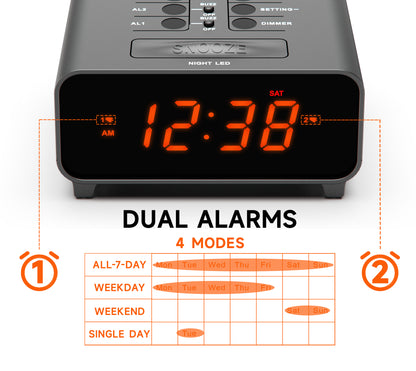 iTOMA 213-EU Small Alarm Clocks, Dual Alarms with 4 Alarm Week Modes, Snooze, USB Charger, Auto & Manual Dimmer,12/24Hr,Night Light and Orange LED Display Clock for Bedrooms