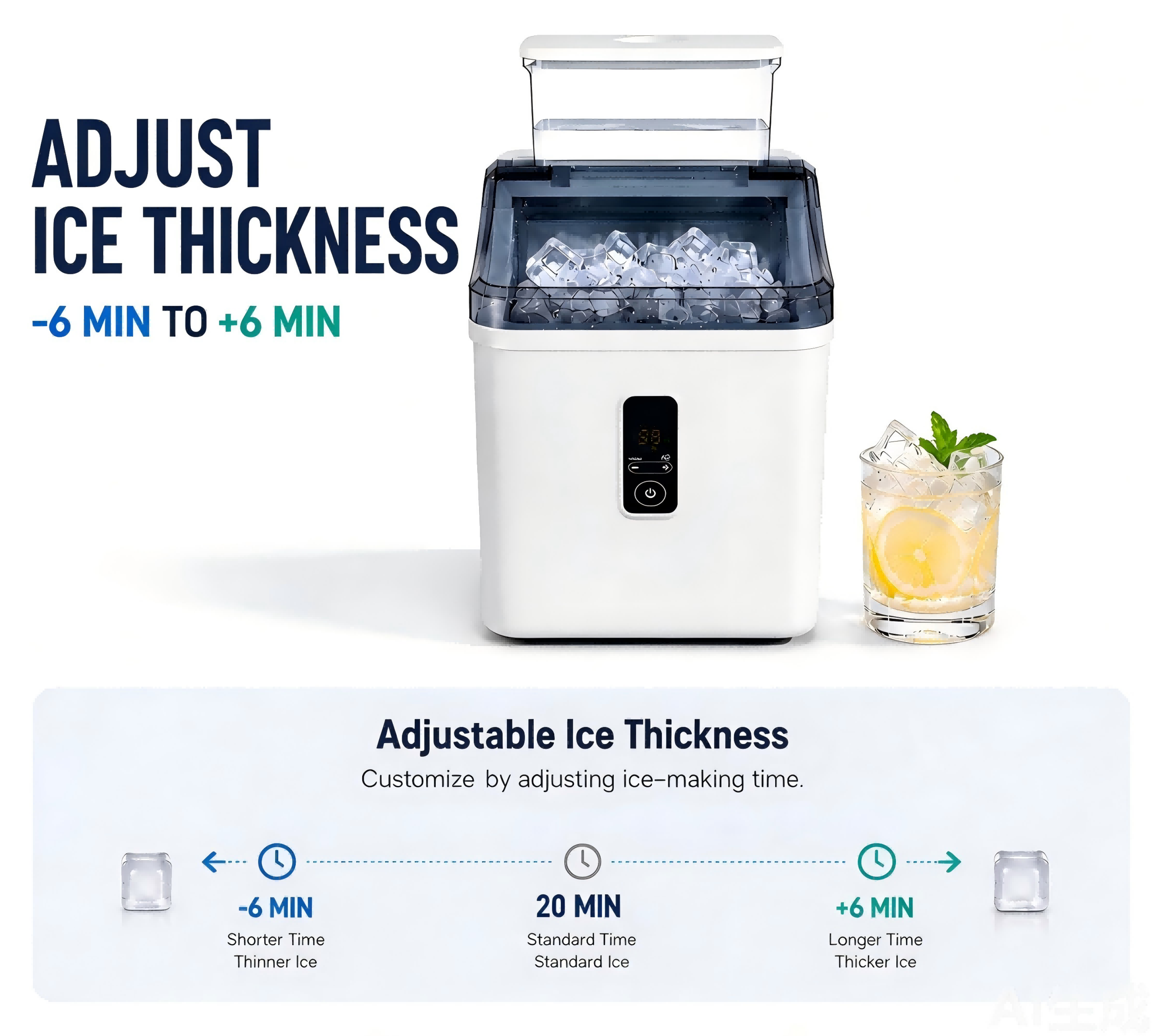 Ice Cube Maker Machine Countertop with 2 Ways to Add Water, Portable Self-Cleaning Ice Maker for Home/Kitchen/Office/RV, Ice Thickness Adjustable, 1-24H Timer, Ready in 20 Mins