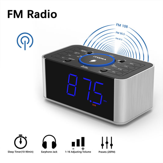 Kabelloser Ladewecker mit DAB- und UKW-Radio, 40 voreingestellten Sendern, zwei Alarmen, Schlummerfunktion, dimmbarem LCD-Display, Bluetooth, USB-Ladefunktion und Kopfhöreranschluss, Radiowecker fürs Bett iTOMA 206