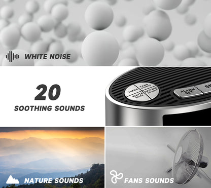 White Noise Machine with Alarm Clock, 20 Soothing Sounds, Wake to Vibration or Buzzer, Snooze, Dimmer Control, Timer and Memory Function for Home Travel iTOMA 301