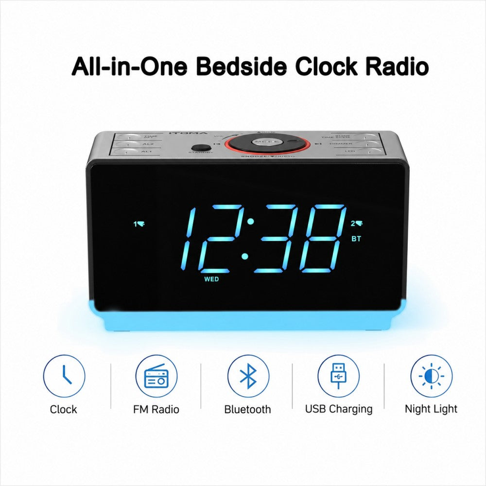 Digital Alarm Clock Radio with Bluetooth Speaker, FM Radio, Dual Alarm with Snooze, Large LED Display, Dimmer Control, Headphone,USB Charging Output and Night Light iTOMA 708