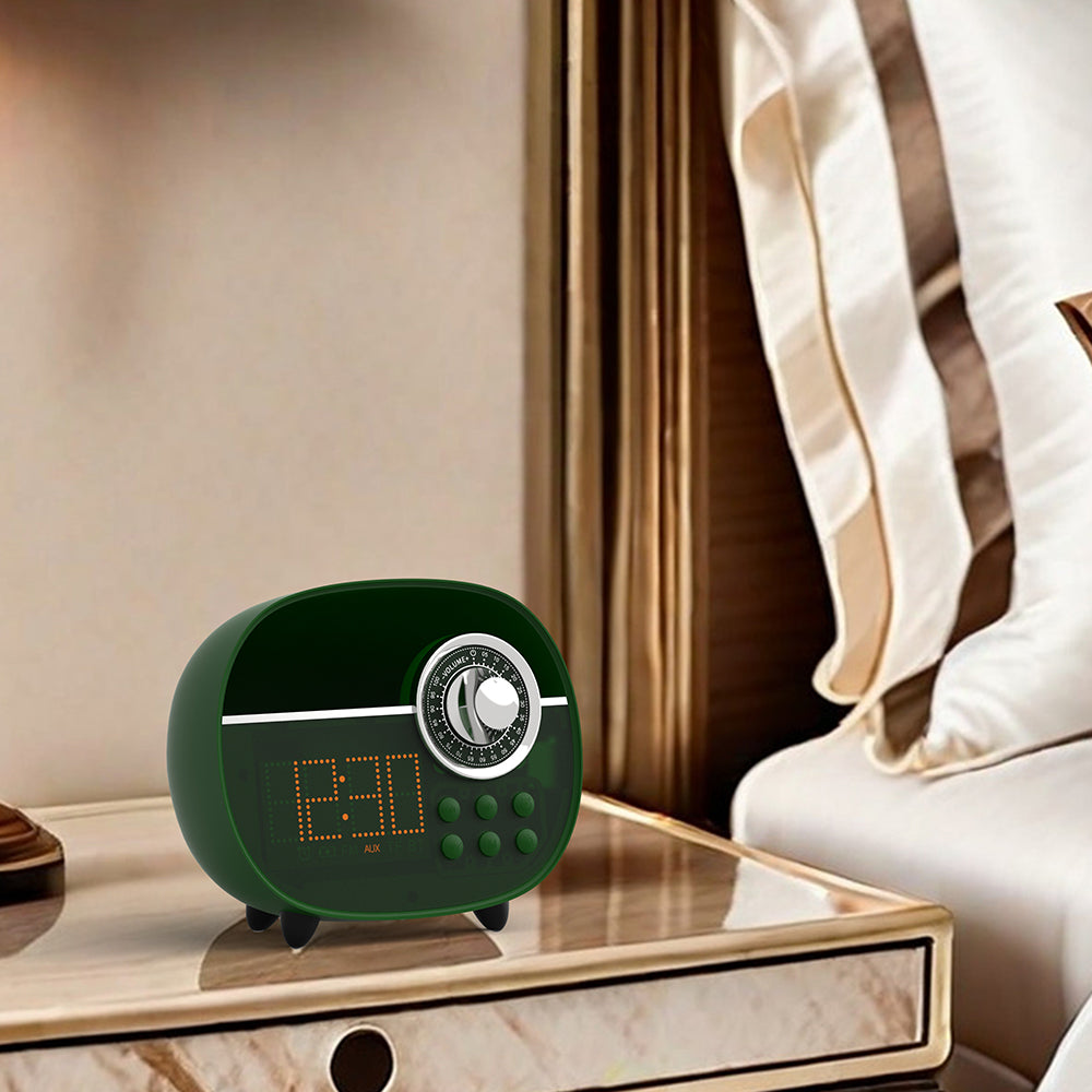 Reloj despertador digital retro con Bluetooth, radio FM vintage, manos libres, luz nocturna, compatible con tarjeta TF y AUX, ideal para casa, oficina y exteriores. iTOMA 158