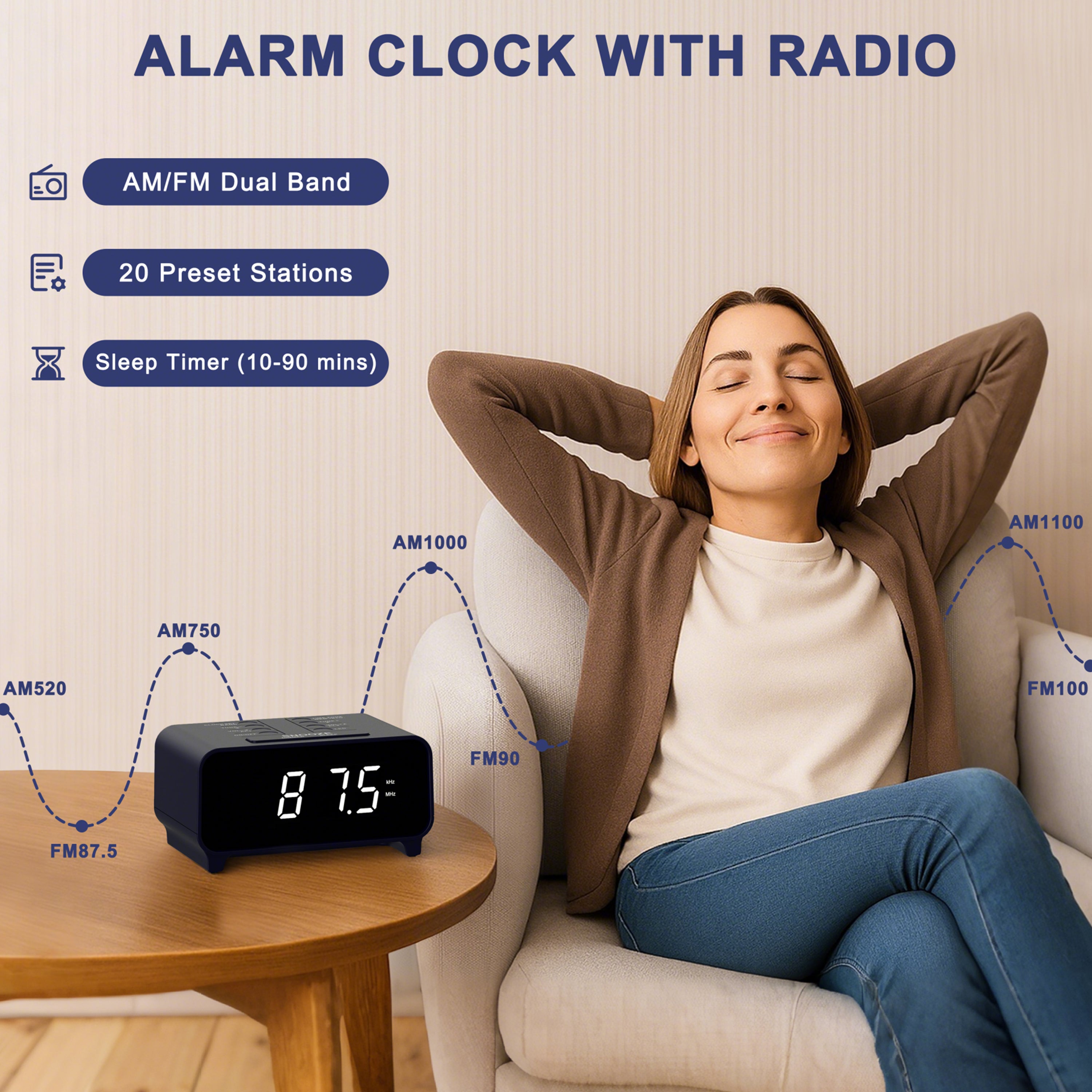 Clock Radio with AM/FM Radio, Dual Alarms, Snooze,  Memory Presets, Dimmer, Sleep Timer, 12/24Hr, Digital Clock with Volume Control, Night Light & White LED Display Alarm Clock for Bedroom iTOMA 213