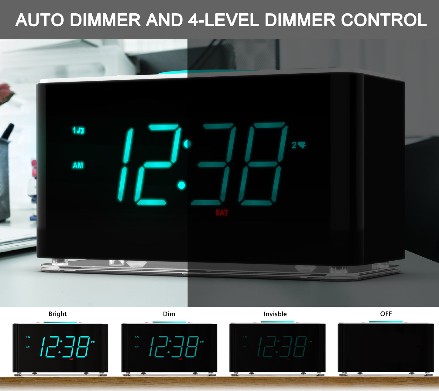 Bedside Alarm Clock Radio, 15 W Ultra Fast Wireless Phone Charger with wireless conncetion, USB Charging Port, Dual Alarm, Sleep Timer, Snooze, Dimmer, FM Radio,Cyan LED Night Light &1.4" Display iTOMA 207S