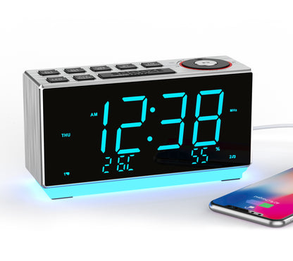 Doppelwecker mit FM-Radio, USB-Aufladung, 1,8-Zoll-LED-Display, Nachtlicht, Schlummerfunktion, Dimmersteuerung, Bluetooth-Lautsprecher, Temperatur- und Feuchtigkeitsanzeige iTOMA 508