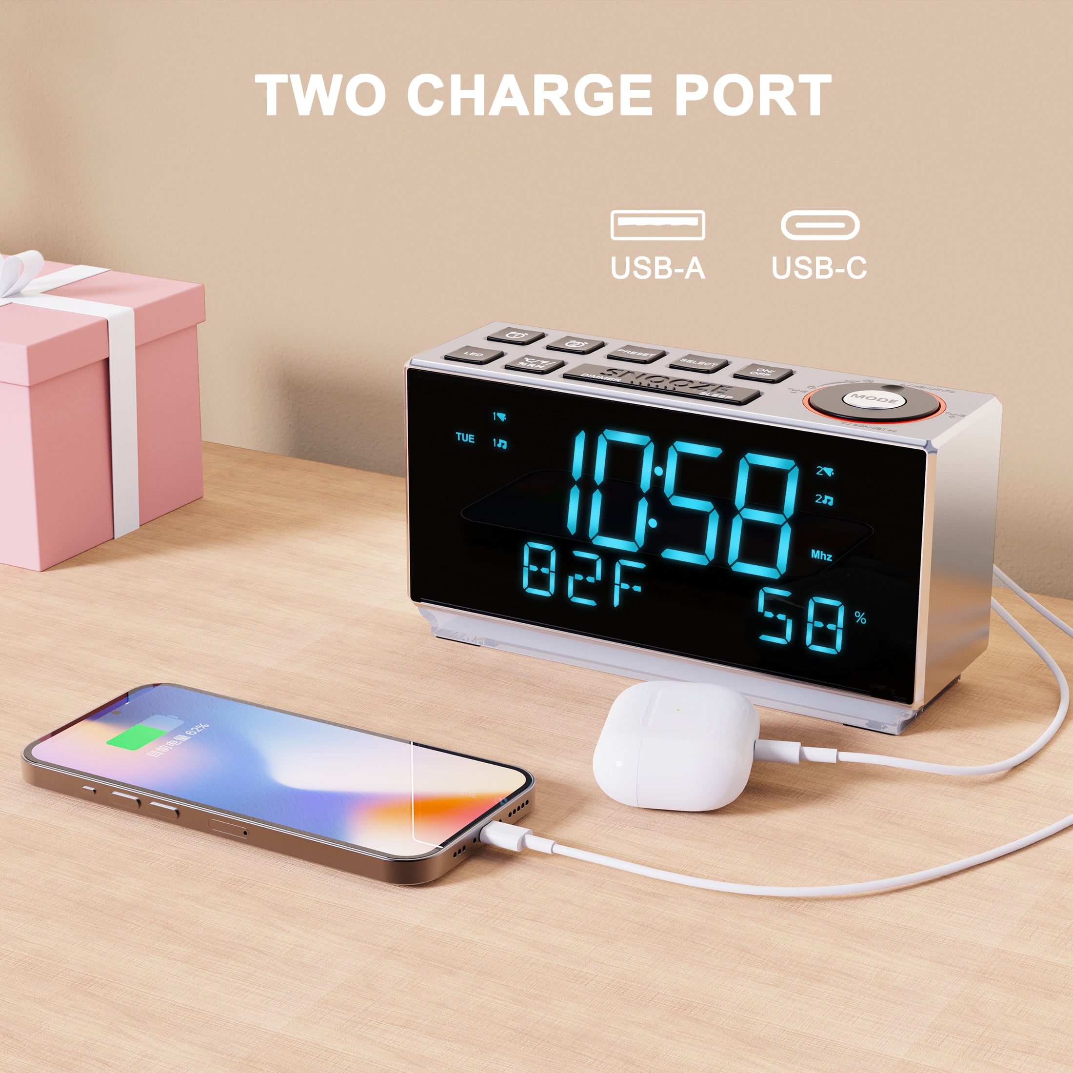 DAB+＆FM Radio, Clock Radio with Bluetooth, 40 Presets, Earphone, Dual Alarm with Snooze and Sleep Timer, Two Charging Port, Dimmable, Temperature & Humidity, LED Display Alarm Clock for Bedroom iTOMA 508D