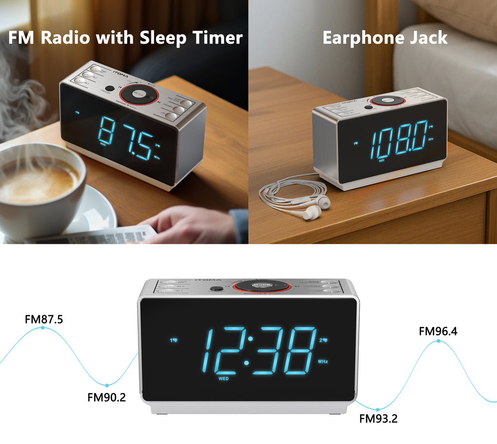 Radiowecker mit Bluetooth-Lautsprecher, UKW-Radio, Doppelalarm mit Schlummerfunktion, großem LED-Display, Dimmersteuerung, USB-Ladeausgang und Nachtlicht iTOMA CKS708 