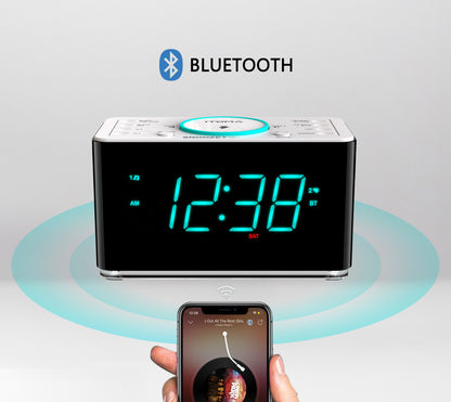 Radiowecker, 15 W ultraschnelles kabelloses Telefonladegerät mit Bluetooth, USB-Ladeanschluss, Dual-Alarm, Sleep-Timer, Schlummerfunktion, Dimmer, UKW-Radio, cyanfarbenes LED-Nachtlicht und 1,4-Zoll-Display iTOMA CKS207 