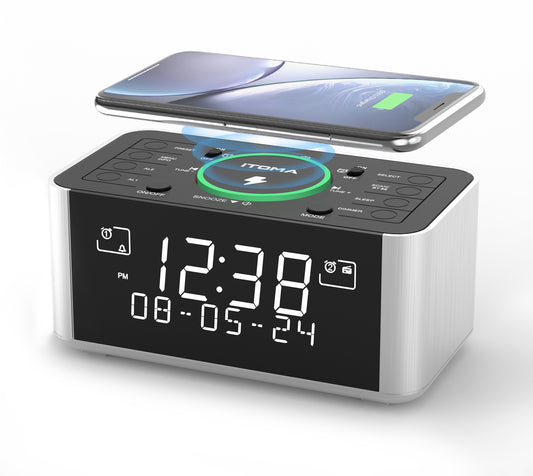 Wecker mit DAB- und FM-Radio, kabelloses Laden, 40 voreingestellte Sender, zwei Alarme, Schlummerfunktion, dimmbares LCD-Display, Bluetooth, USB-Ladefunktion und Kopfhöreranschluss, Radiowecker fürs Bett iTOMA 206D