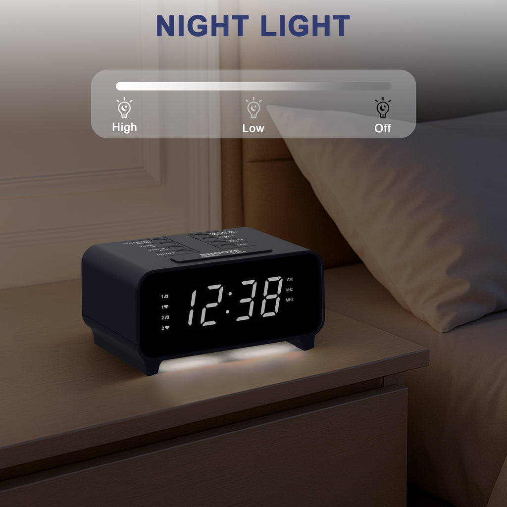 Clock Radio with AM/FM Radio, Dual Alarms, Snooze,  Memory Presets, Dimmer, Sleep Timer, 12/24Hr, Digital Clock with Volume Control, Night Light & White LED Display Alarm Clock for Bedroom iTOMA 213