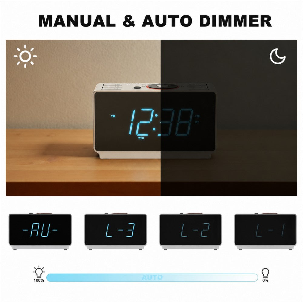 Digital Alarm Clock Radio with Bluetooth Speaker, FM Radio, Dual Alarm with Snooze, Large LED Display, Dimmer Control, Headphone,USB Charging Output and Night Light iTOMA 708