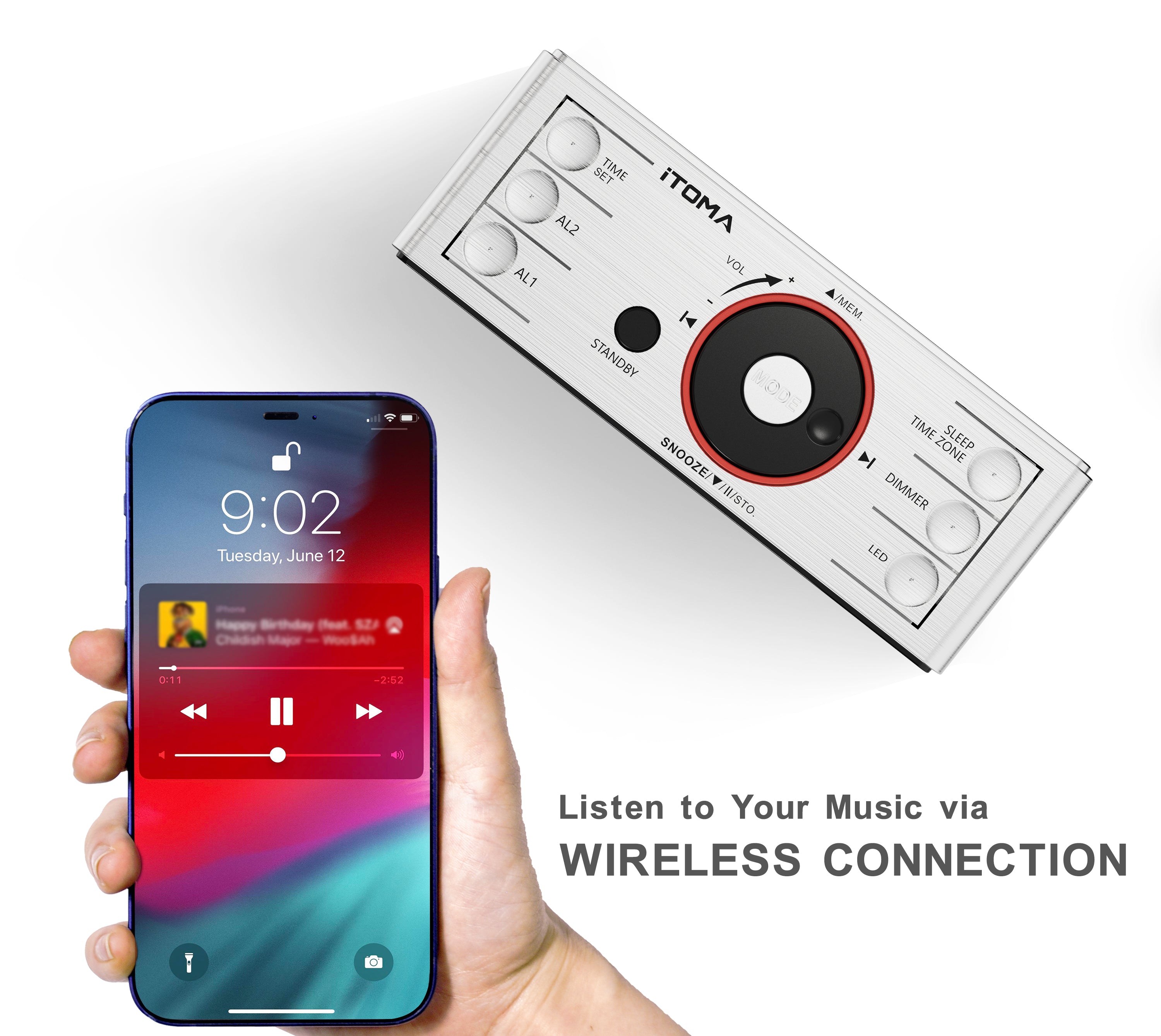 Radio despertador digital con altavoz Bluetooth, radio FM, alarma dual con función de repetición, gran pantalla LED, control de atenuación, salida de carga USB y luz nocturna iTOMA 708