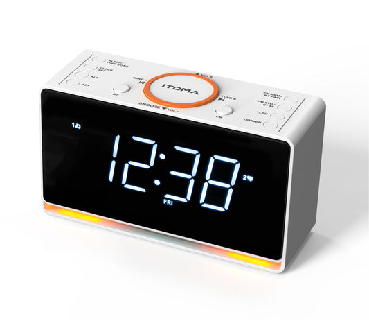 Digitaler Radiowecker, 1,4-Zoll-Uhr mit weißem LED-Display, Bluetooth, FM-Radio, Doppelalarm, Sleep-Timer, Schlummerfunktion, automatischem und manuellem Dimmer, USB-Ladegerät und Nachtlicht iTOMA 718
