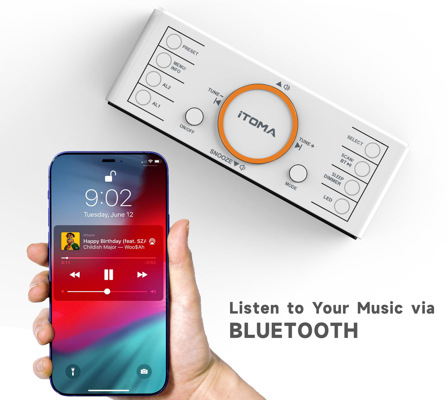 Wecker mit DAB- und UKW-Radio, 40 Voreinstellungen, kabellose Verbindung, Doppelalarm, Sleep-Timer, Dimmersteuerung, USB-Ladegerät und Kopfhöreranschluss iTOMA 728