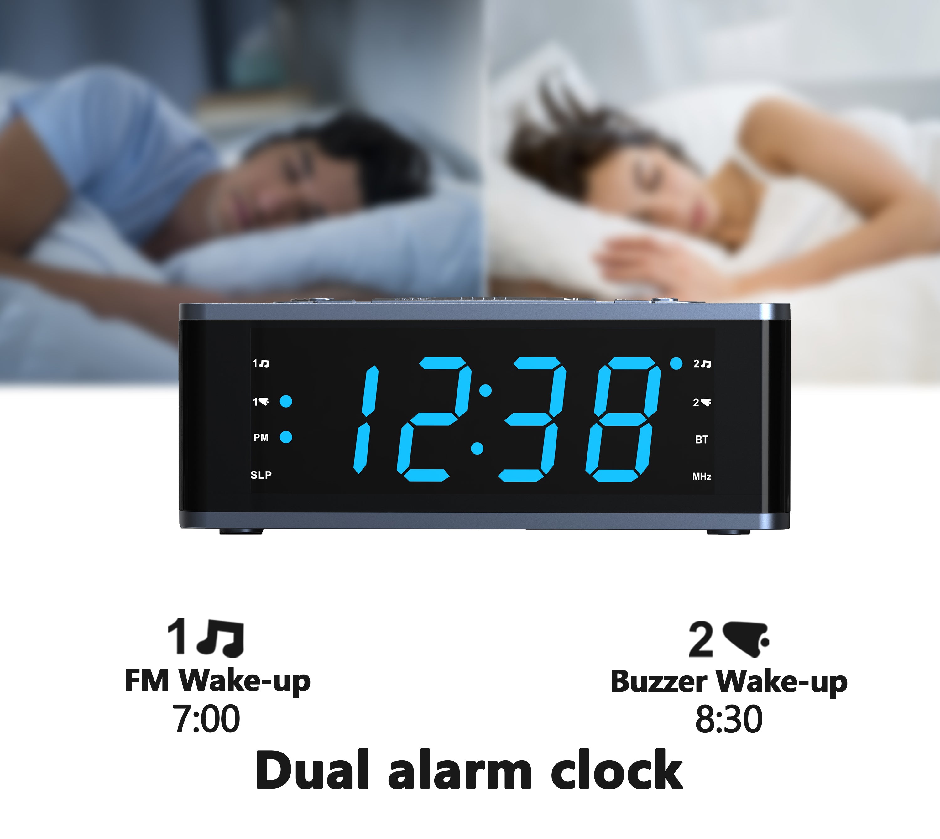 Digitaler Wecker fürs Schlafzimmer mit FM-Radio, kabelloser Verbindung, dimmbarem LED-Display, Sleep-Timer, einstellbarer Lautstärke, Doppelalarm mit EIN/AUS-Taste, Nachttischuhr für Erwachsene, Senioren, Kinder, iTOMA 515