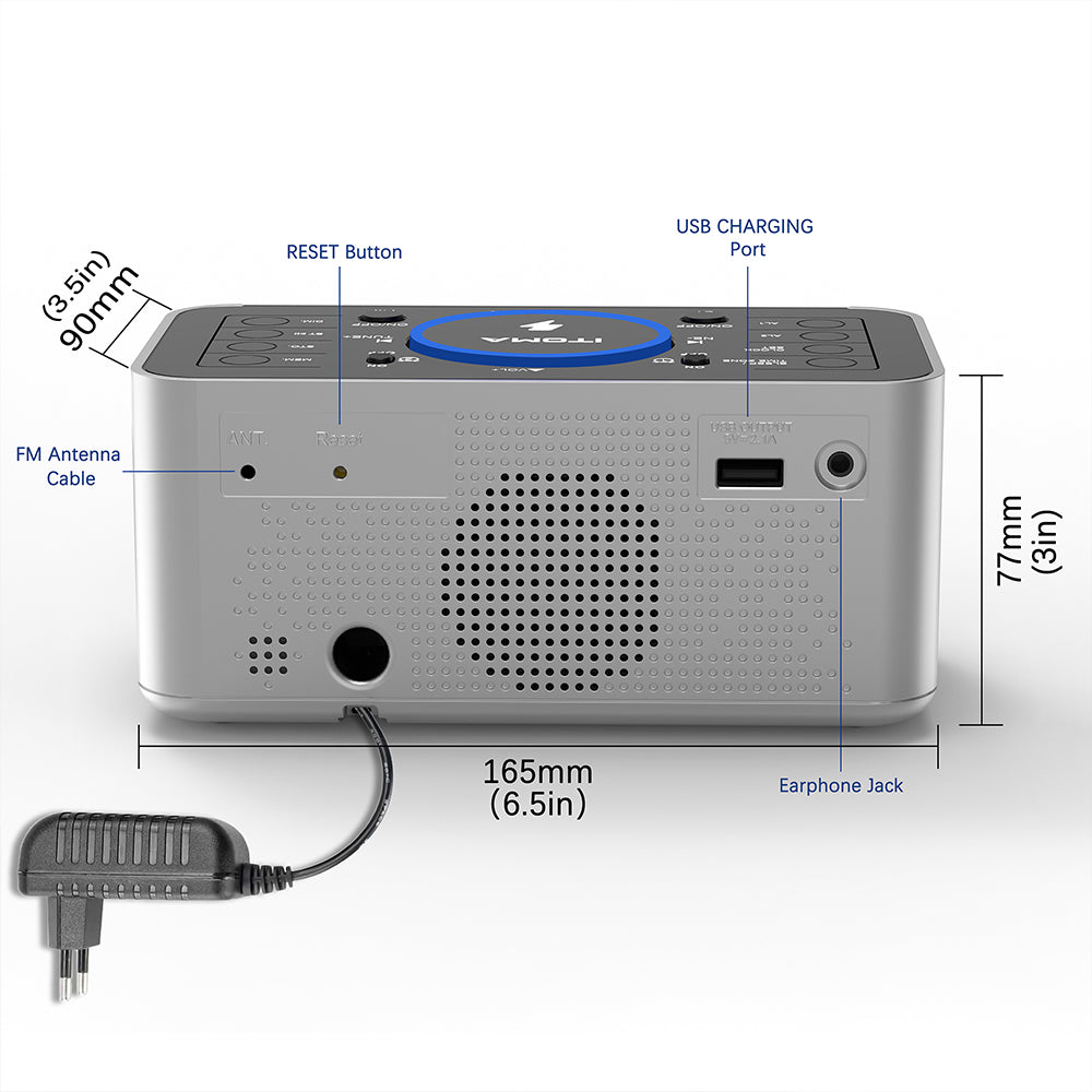 Kabelloser Ladewecker mit DAB- und UKW-Radio, 40 voreingestellten Sendern, zwei Alarmen, Schlummerfunktion, dimmbarem LCD-Display, Bluetooth, USB-Ladefunktion und Kopfhöreranschluss, Radiowecker fürs Bett iTOMA 206