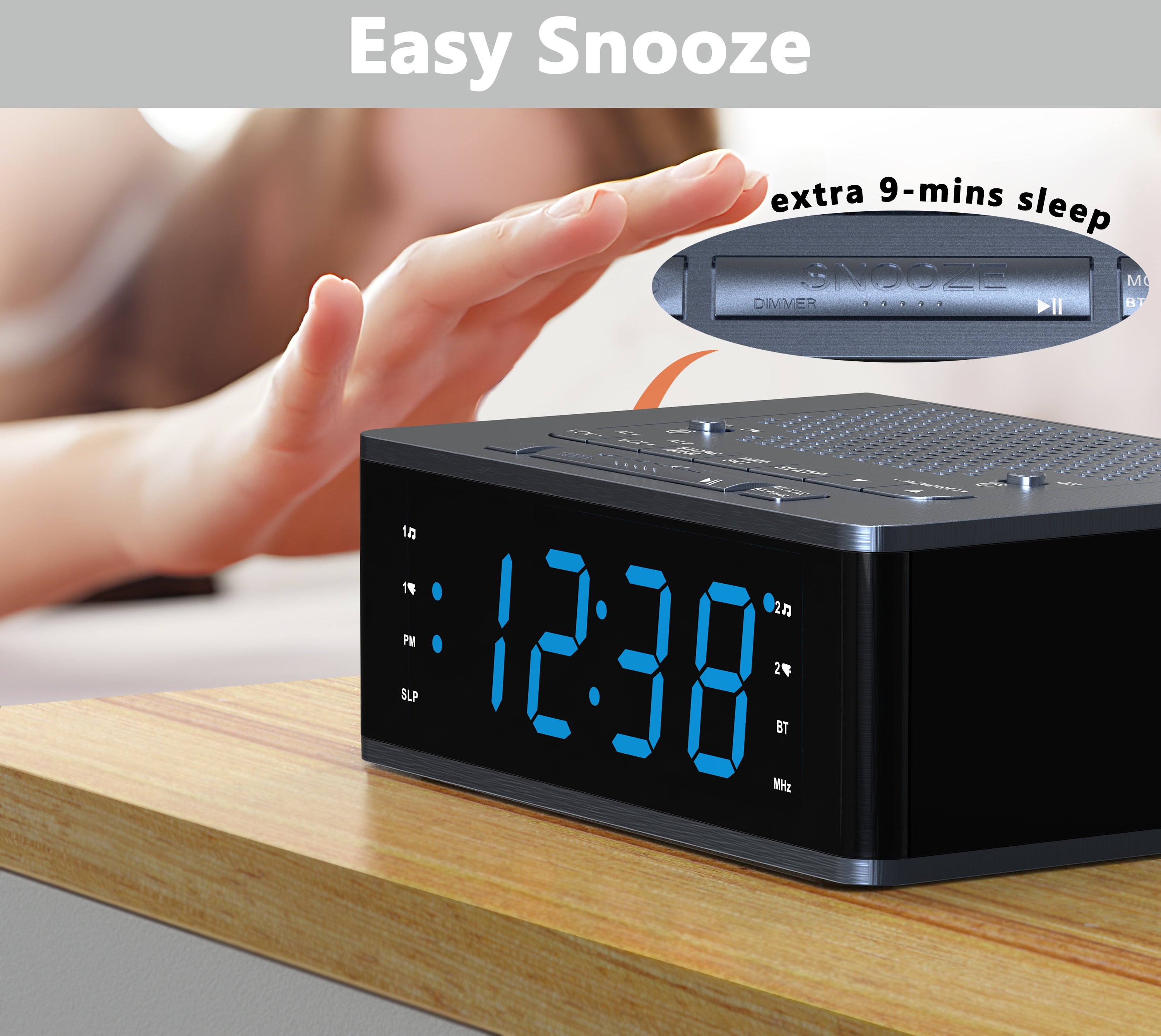 Digitaler Wecker fürs Schlafzimmer mit FM-Radio, kabelloser Verbindung, dimmbarem LED-Display, Sleep-Timer, einstellbarer Lautstärke, Doppelalarm mit EIN/AUS-Taste, Nachttischuhr für Erwachsene, Senioren, Kinder, iTOMA 515
