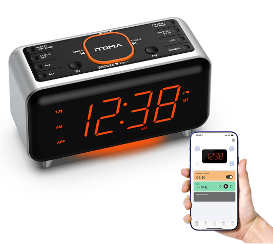 Radio Alarm Clock with App Control, Bluetooth, FM Radio, Dual Alarm of 4 Alarm Modes, Easy Snooze, Dimmer, Orange Night Light, 12/24 Hr & USB Charger Port iTOMA 208A
