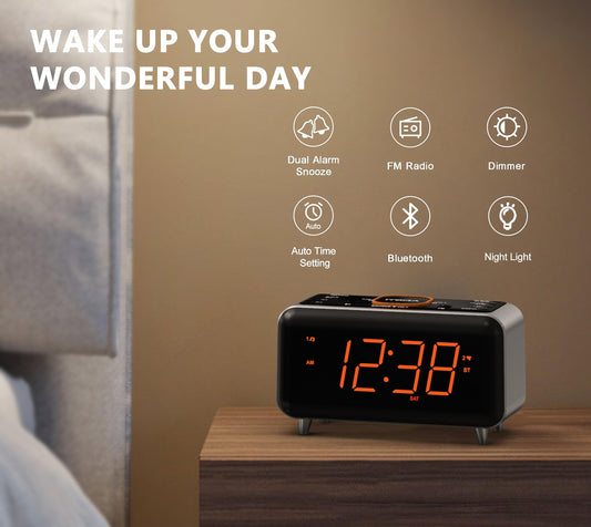 Radio Alarm Clock with App Control, Bluetooth, FM Radio, Dual Alarm of 4 Alarm Modes, Easy Snooze, Dimmer, Orange Night Light, 12/24 Hr & USB Charger Port iTOMA 208A