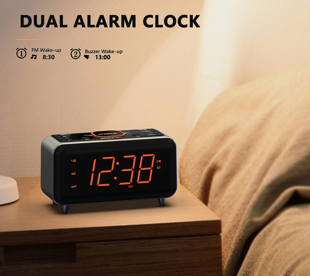 Radio despertador con control mediante aplicación, Bluetooth, radio FM, alarma dual con 4 modos de alarma, función de repetición fácil, atenuador, luz nocturna naranja, formato de 12/24 horas y puerto de carga USB iTOMA 208A