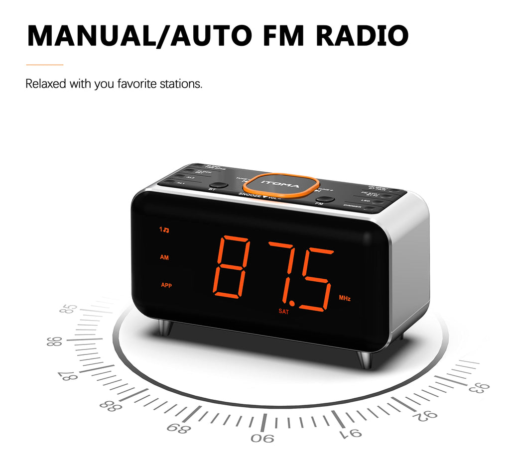 Radio despertador con control mediante aplicación, Bluetooth, radio FM, alarma dual con 4 modos de alarma, función de repetición fácil, atenuador, luz nocturna naranja, formato de 12/24 horas y puerto de carga USB iTOMA 208A